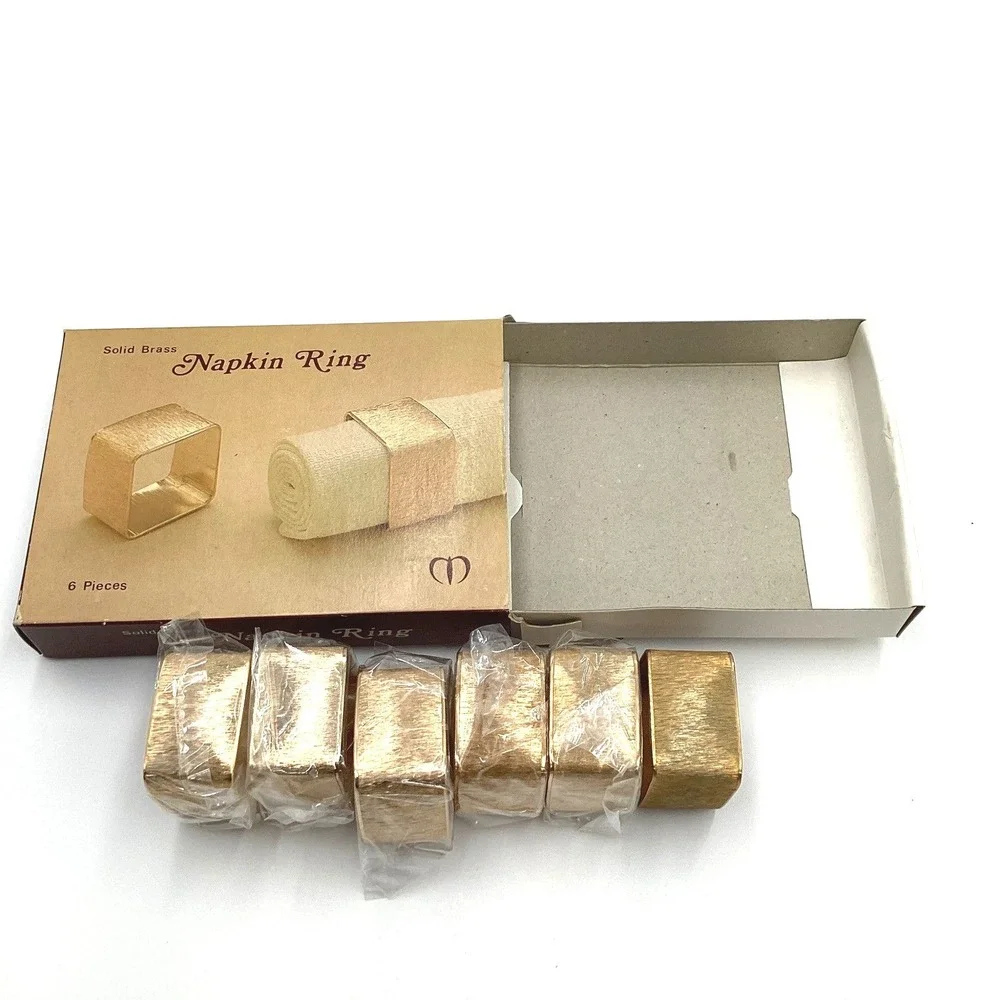 Vintage Solid Brass Square‎ Napkin Rings Set of 6 Brushed Gold MCM M133